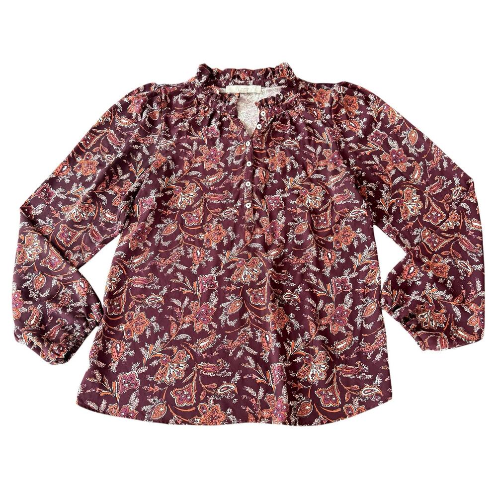 LOFT Women’s maroon and orange floral long sleeve blouse, ruffle neck, Size S